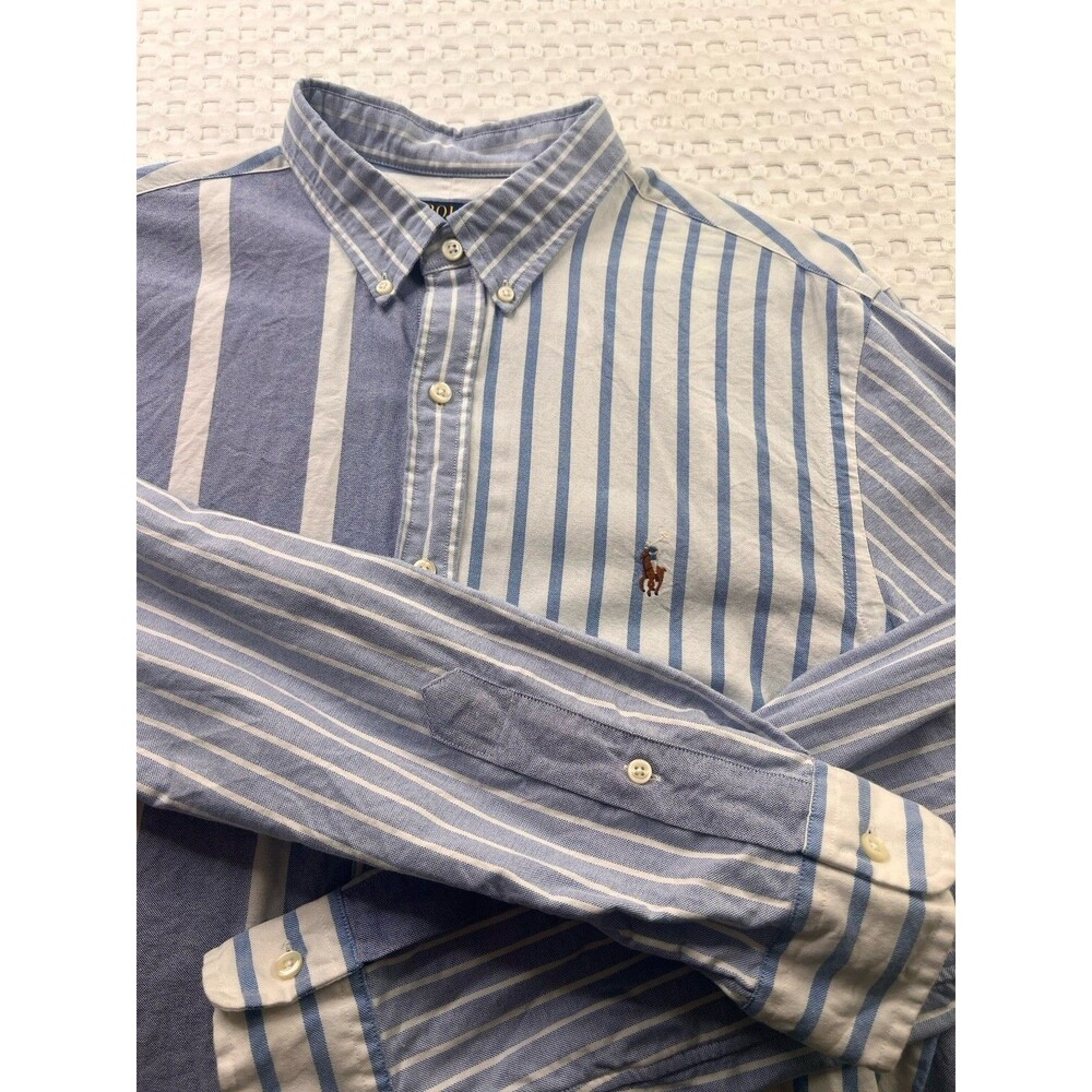 Polo Ralph Lauren Shirt Mens Size L Blue White Striped Flesh Pony Rare Unique